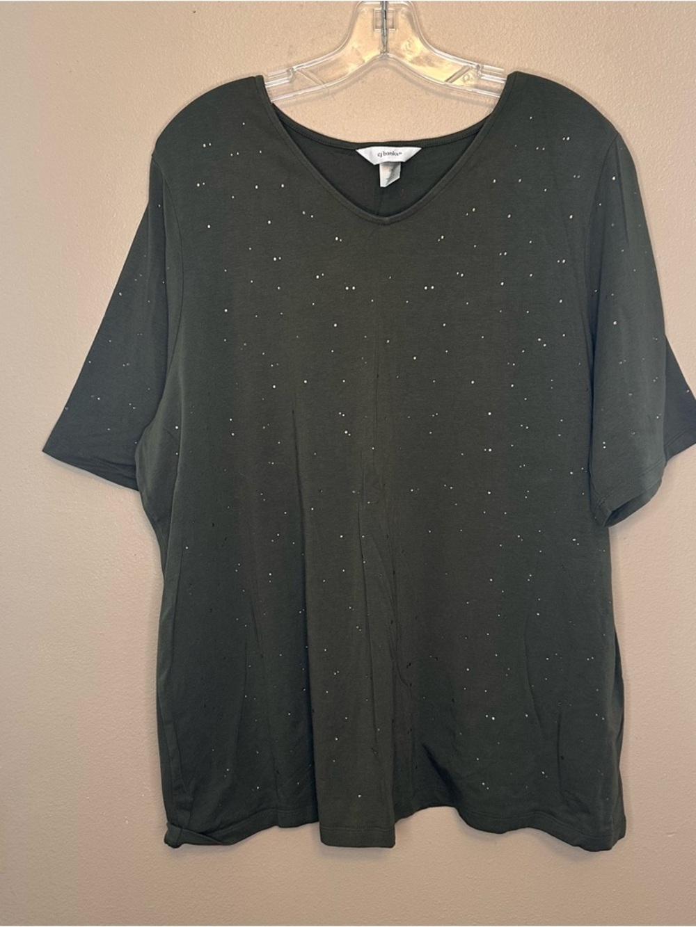 CJ Banks Dark Green Short Sleeve V-Neck Tee with Subtle Dot Accents